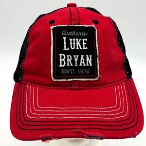 Luke Bryan Baseball Hat Mens OS Red Denim Distressed Black Meshback Adjustable